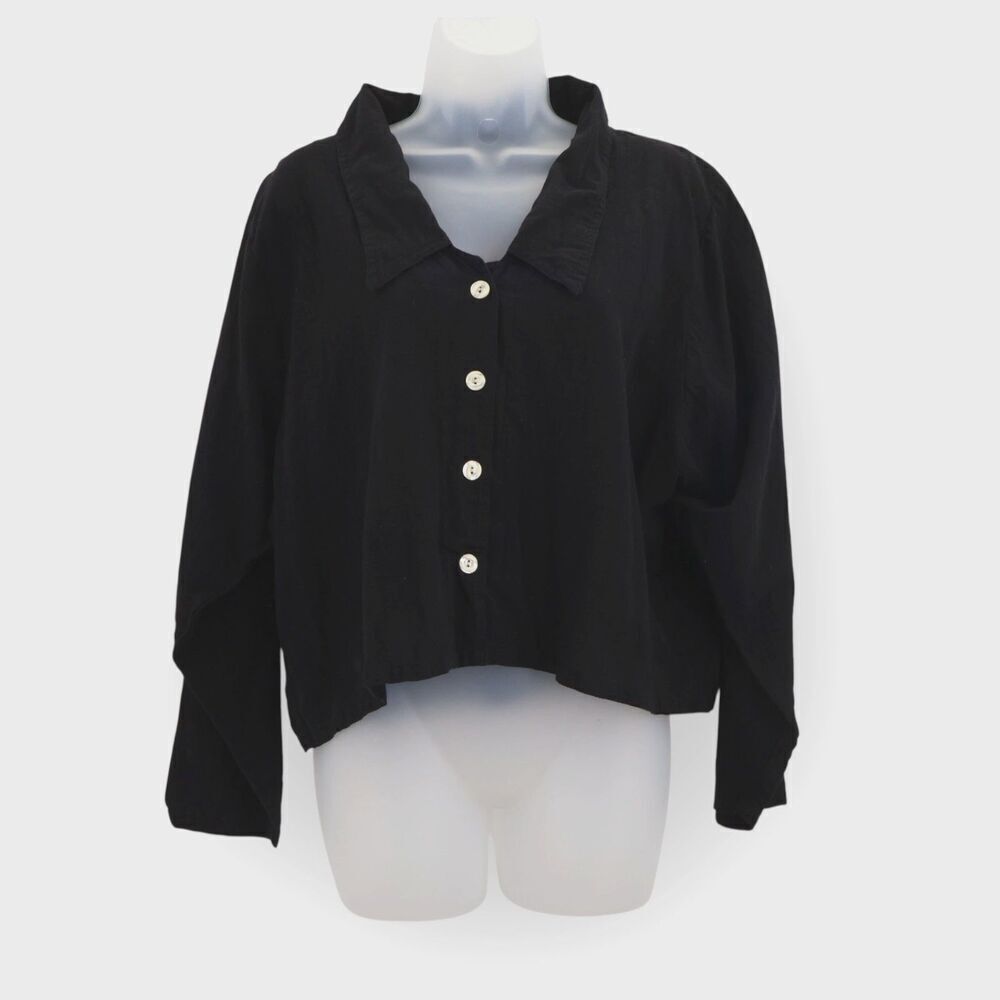 B'GAUZE Boxy Crop Top Lagenlook Cotton One Size 1 Small Black Button Down
